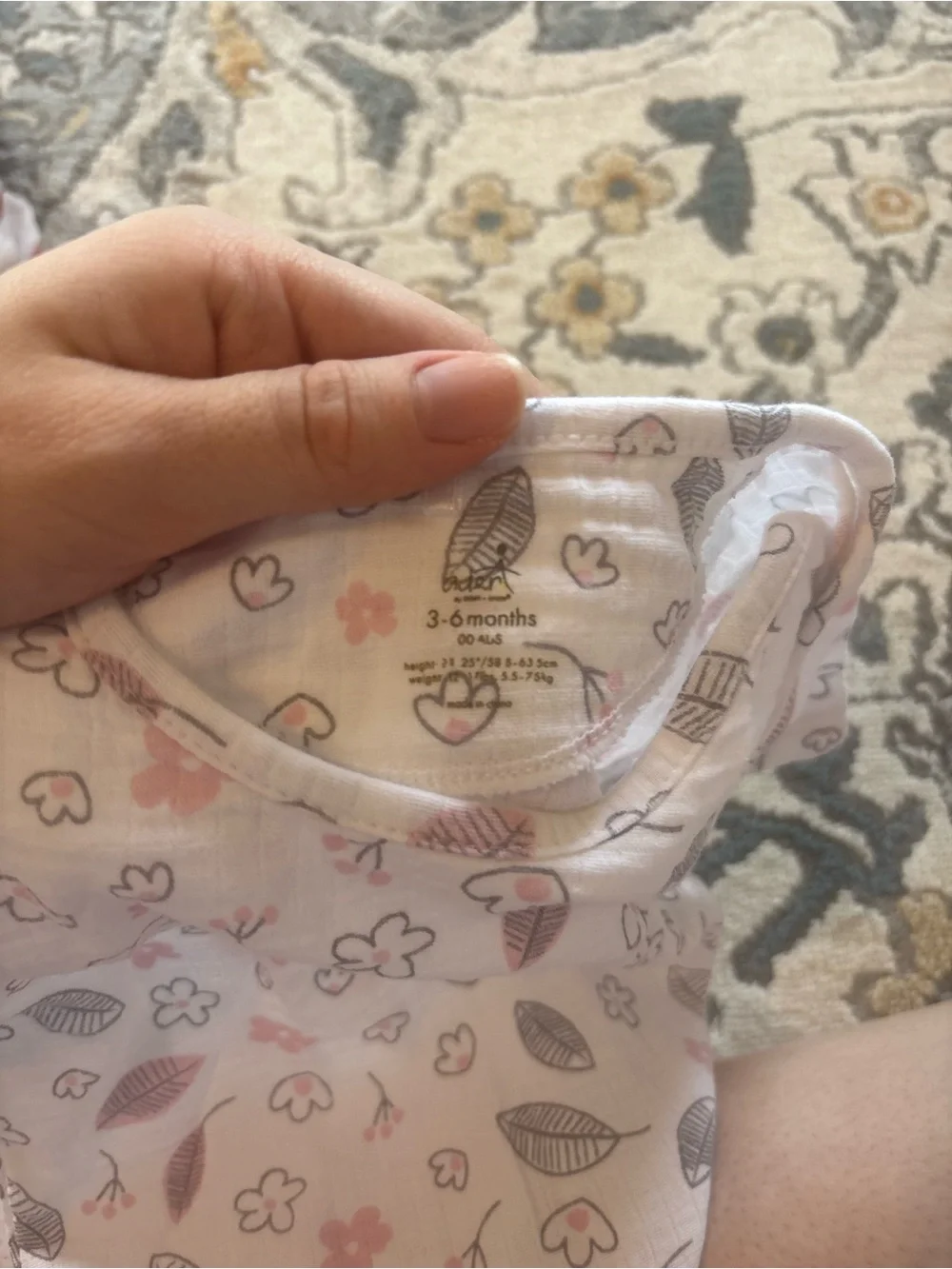 aden + anais White Muslin Baby One-Piece with Pink and Gray Floral Print